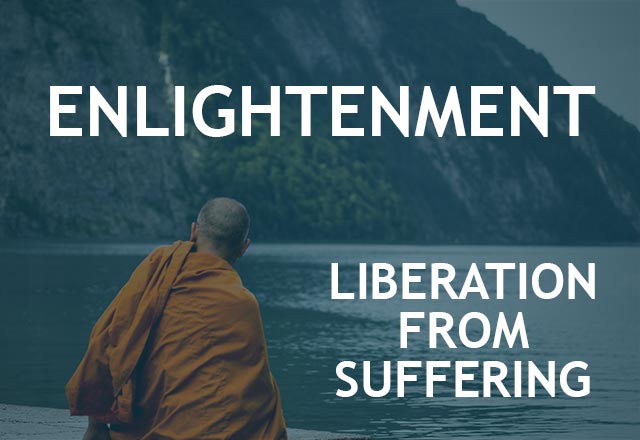 Picture of monk by lake with text saying what is enlightenment